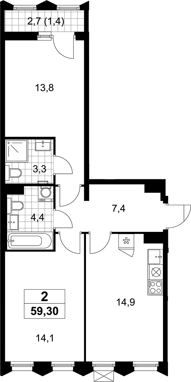 3-комн., 57.9 м², 10/11 этаж, ЖК «Деснаречье»