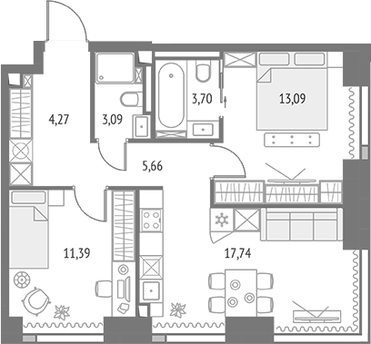 3-комн., 58.94 м², 16/47 этаж, ЖК «Апсайд Тауэрс»