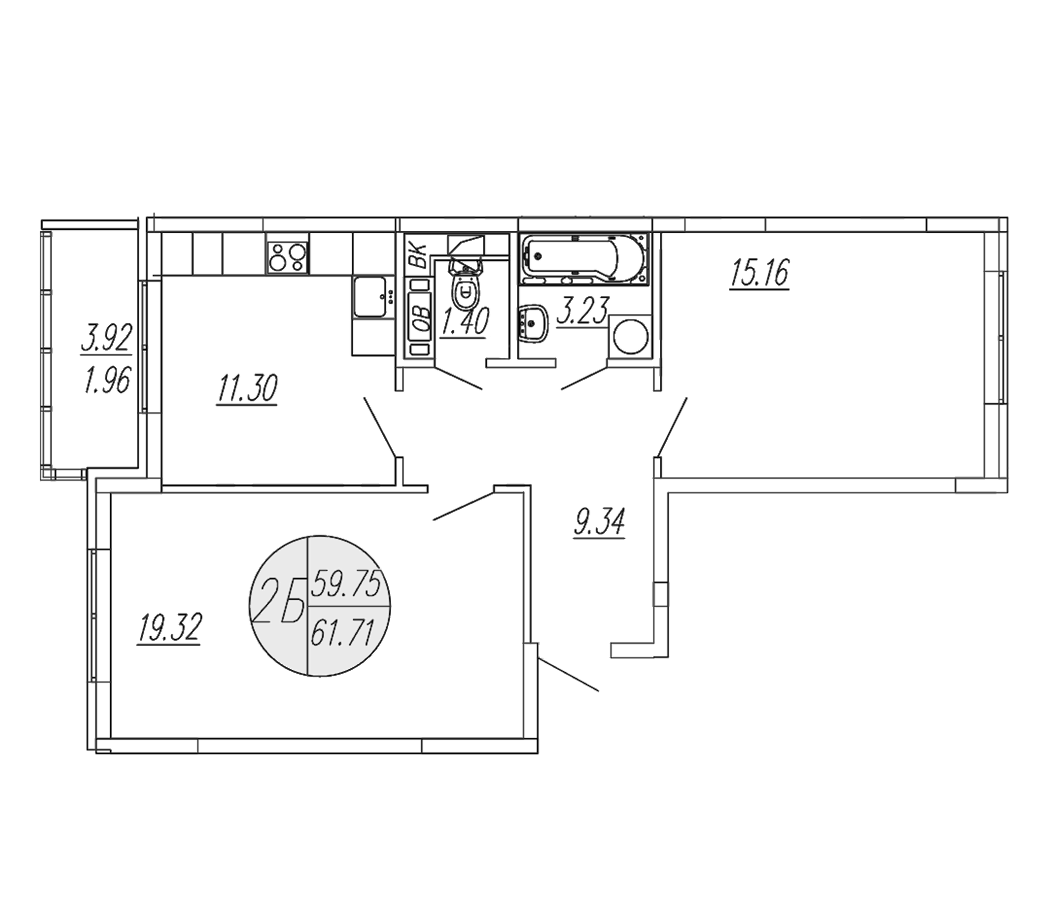 2-комн., 59.75 м², 3/4 этаж, ЖК «Шолохово»