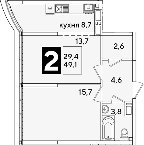 2-комн. квартира, 49.1 м² в ЖК Самолет — фото 2