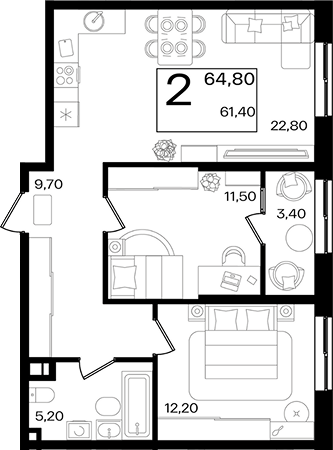 3-комн. квартира, 61.4 м² в ЖК Патрики — фото 2