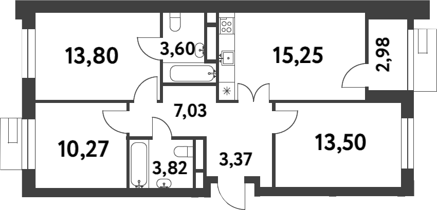 3-комн., 70.64 м², 4/16 этаж, ЖК «Смарт Гарден»