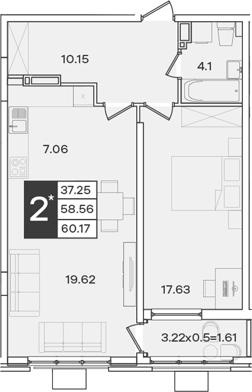 Продается 2-комн. квартира, 58.56 м²