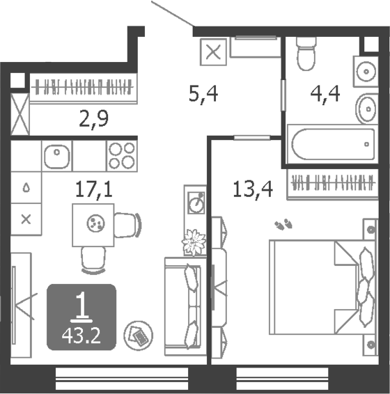 2-комн., 43.2 м², 16/19 этаж, ЖК «Шагал»