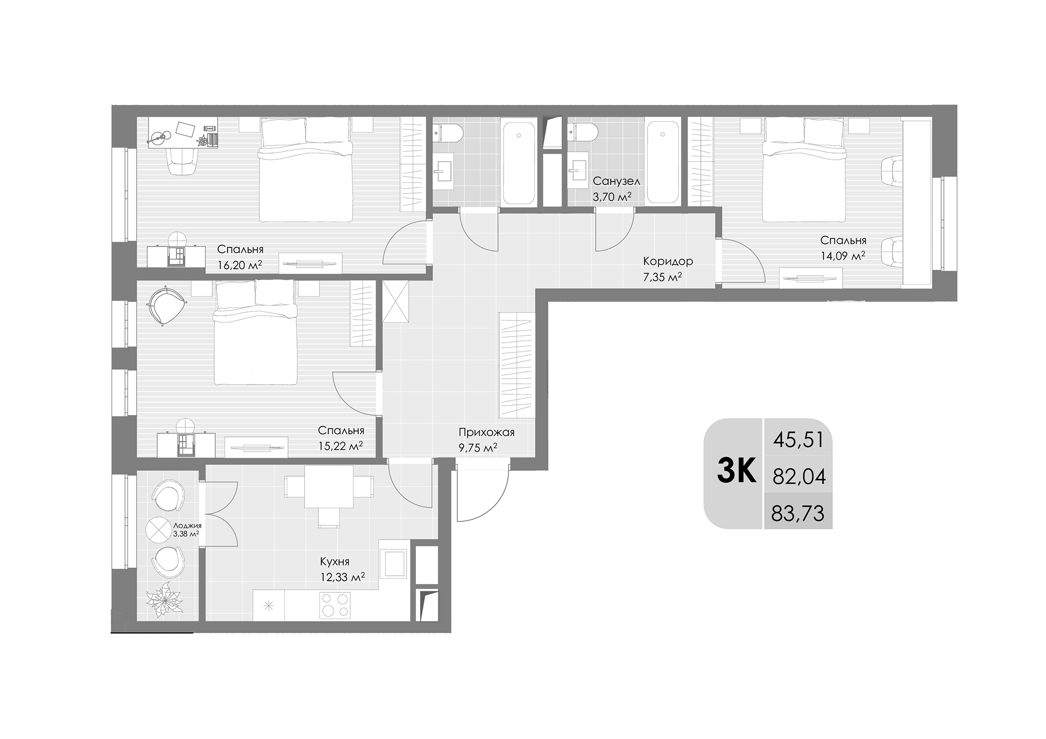 3-комн., 82.04 м², 24/24 этаж, ЖК «Дюна»
