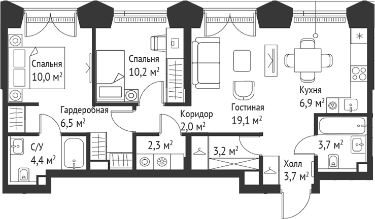 3-комн., 71.8 м², 7/52 этаж, ЖК «СЕТ»