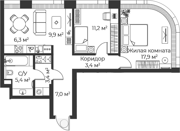 3-комн., 64.4 м², 2/25 этаж, ЖК «Веер»