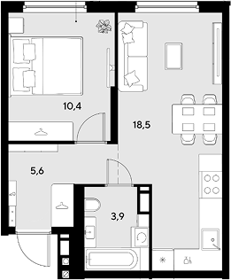 1-комн., 38.4 м², 5/9 этаж, ЖК «Грейд»