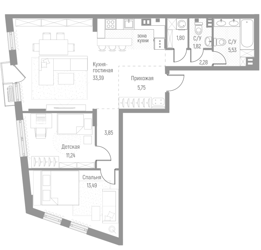 2-комн., 79.7 м², 2/4 этаж, ЖК «Эльйон»