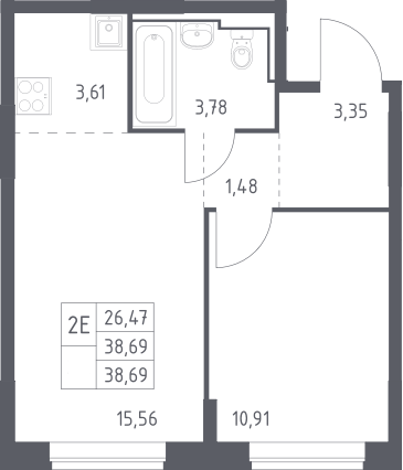2-комн., 38.69 м², 5/12 этаж, ЖК «Богдановский лес»
