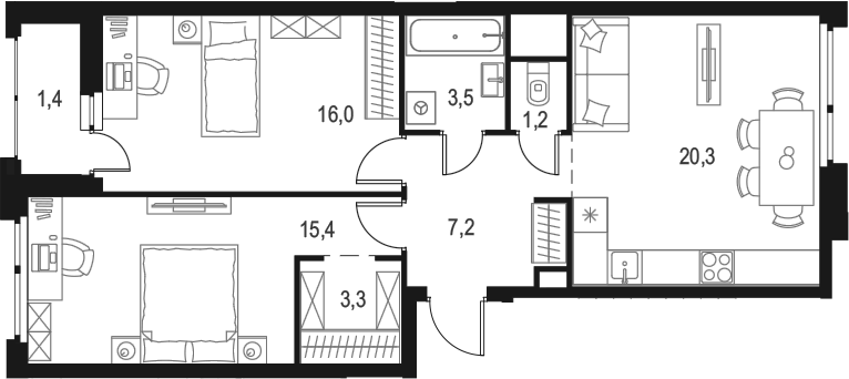 2-комн., 66.9 м², 2/9 этаж, ЖК «Левел Лесной»