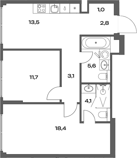 2-комн., 60.2 м², 21/22 этаж, ЖК «Акценты»