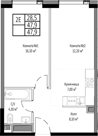 2-комн., 47.9 м², 26/33 этаж, ЖК «Мираполис»