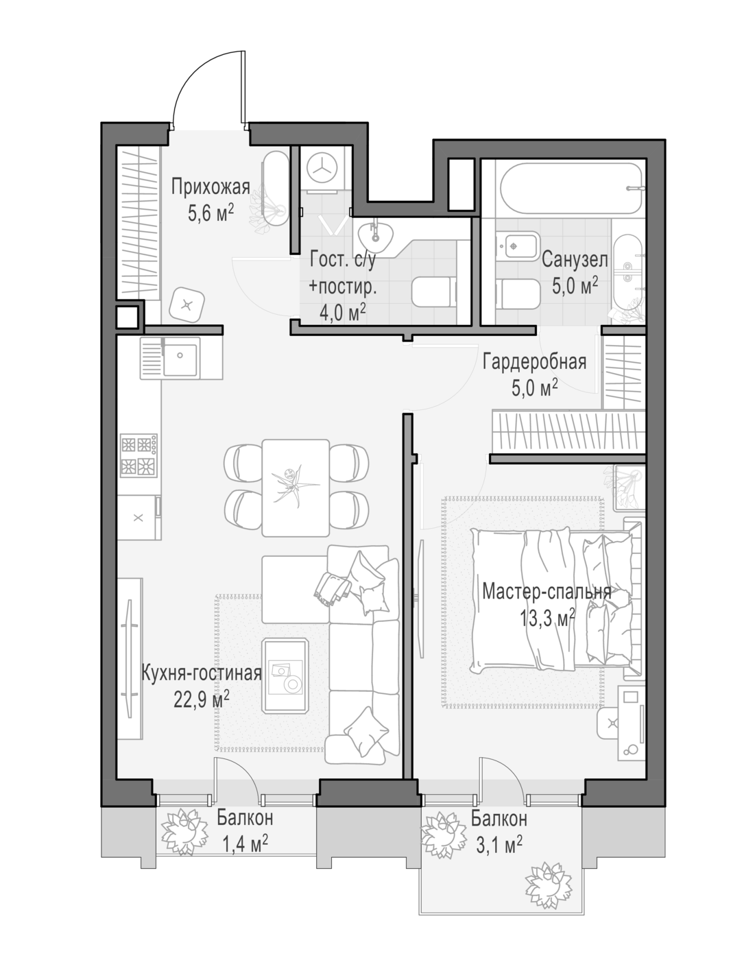 2-комн., 55.75 м², 2/7 этаж, ЖК «Квартал Тишинский бульвар»