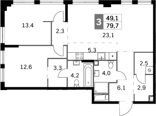 3-комн., 79.7 м², 26/28 этаж, ЖК «Сидней Сити»