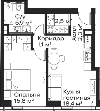 2-комн., 46 м², 11/59 этаж, ЖК «Сити Бэй»