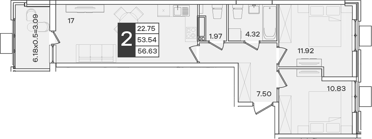 2-комн., 53.54 м², 13/18 этаж, ЖК «Сюжеты»