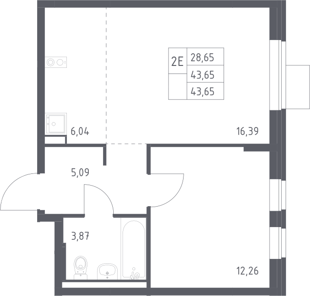 2-комн., 43.65 м², 9/9 этаж, ЖК «Подольские кварталы»