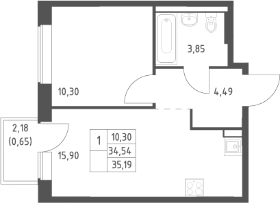 2-комн., 34.54 м², 10/12 этаж, ЖК «Большое Юрлово»
