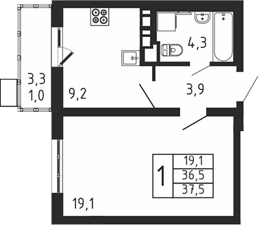 1-комн., 36.5 м², 8/9 этаж, ЖК «Пироговская ривьера. Мытищи»