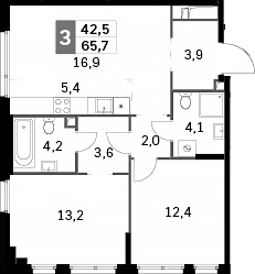 3-комн., 65.7 м², 22/27 этаж, ЖК «Сидней Сити»