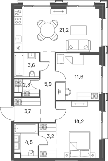 3-комн., 70.2 м², 18/25 этаж, ЖК «Портленд»