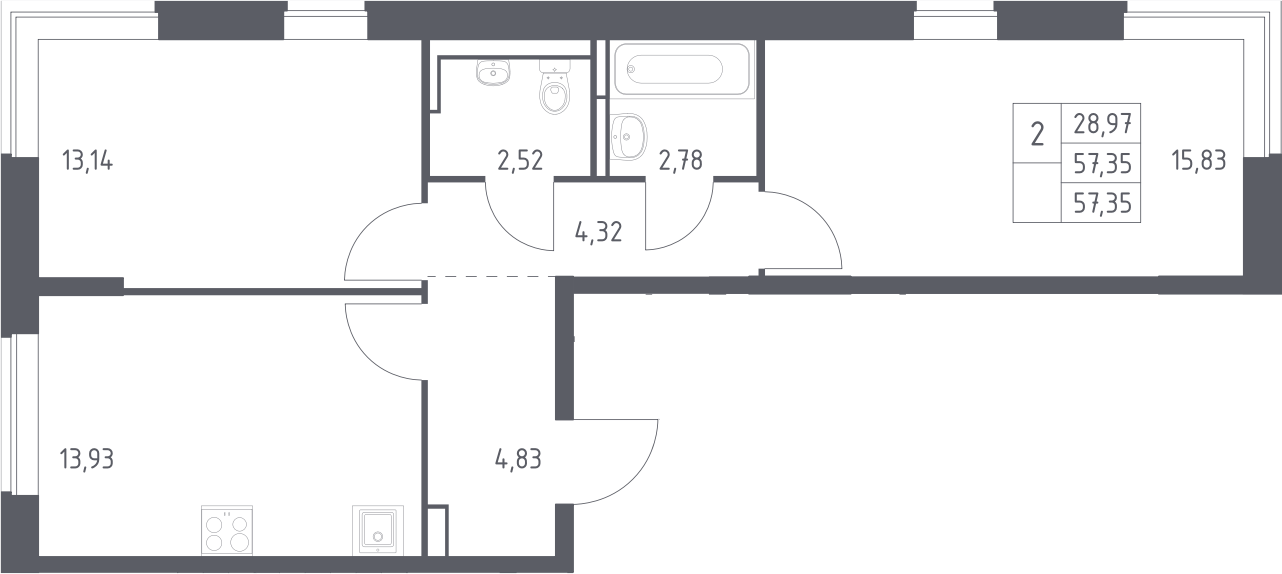 2-комн., 57.35 м², 7/11 этаж, ЖК «Богдановский лес»