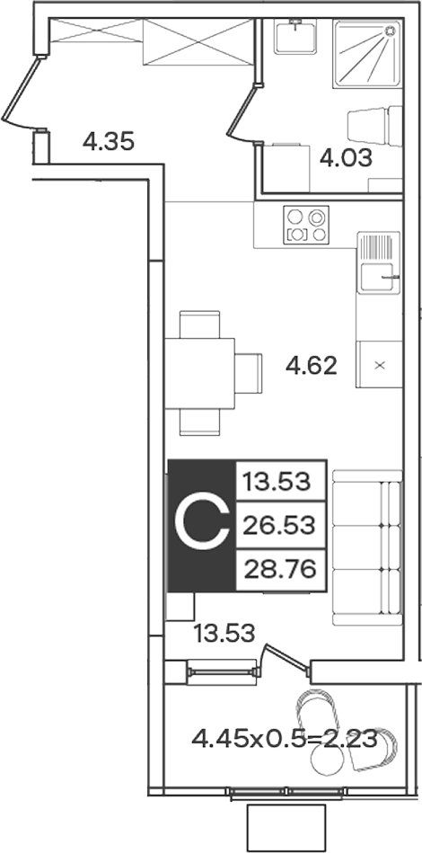Студия, 26.53 м², 2/9 этаж, ЖК «Сюжеты»