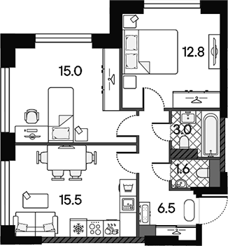 3-комн., 54.4 м², 33/43 этаж, ЖК «МАРК»