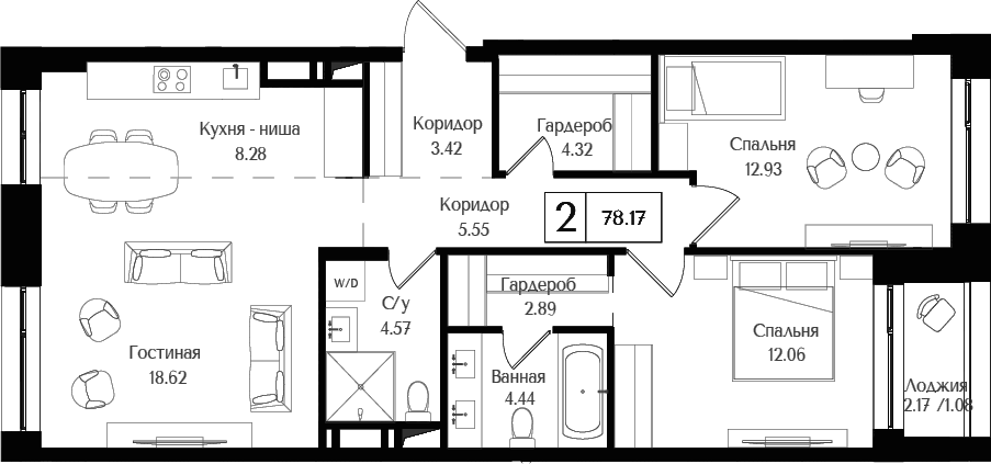3-комн., 77.09 м², 15/17 этаж, ЖК «Преображенская площадь»