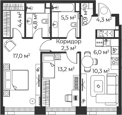 3-комн., 68.5 м², 61/71 этаж, ЖК «Веер»