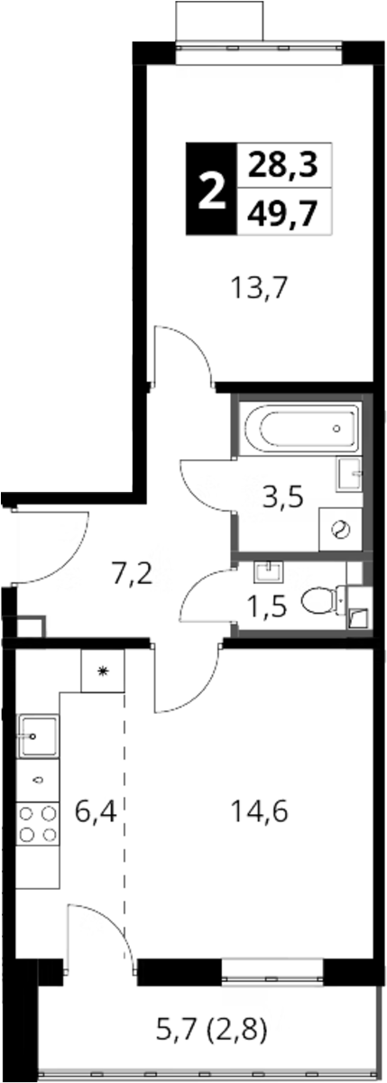 2-комн., 46.9 м², 5/16 этаж, ЖК «1-й Шереметьевский»