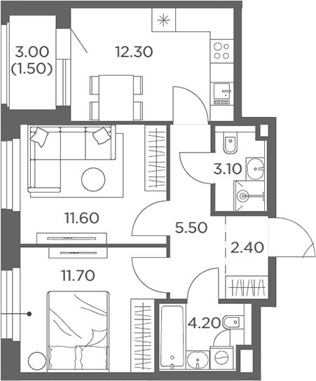 2-комн., 50.8 м², 20/20 этаж, ЖК «Белый Град»
