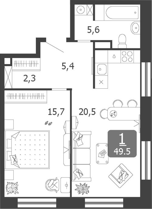 2-комн., 49.5 м², 17/19 этаж, ЖК «Шагал»