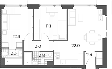 3-комн., 57.9 м², 41/42 этаж, ЖК «Вейв»