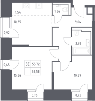 3-комн., 55.72 м², 10/30 этаж, ЖК «Скай Спутник»