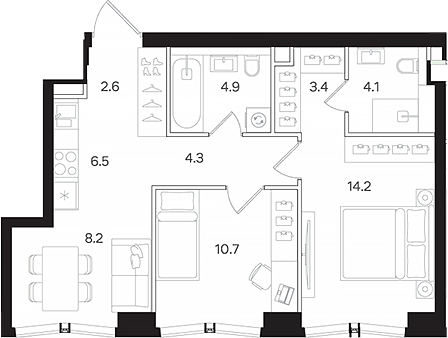 3-комн., 58.9 м², 20/42 этаж, ЖК «АУРА»