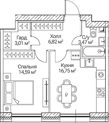 1-комн., 44.64 м², 31/51 этаж, ЖК «СЕЗАР СИТИ»