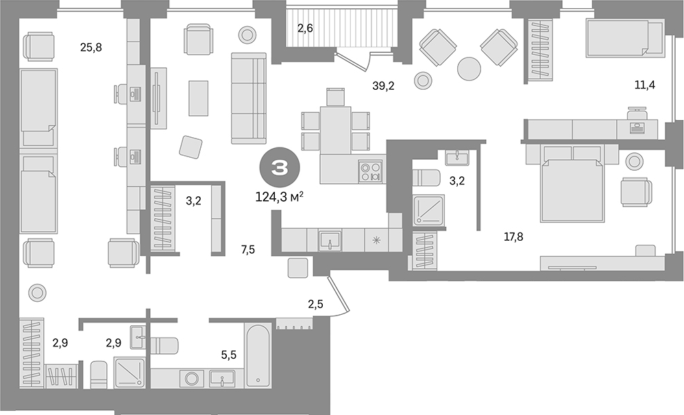 3-комн., 121.7 м², 6/17 этаж, ЖК «Первый квартал. Вторая очередь»