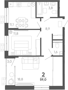 2-комн. квартира, 56 м² в ЖК Барса — фото 2