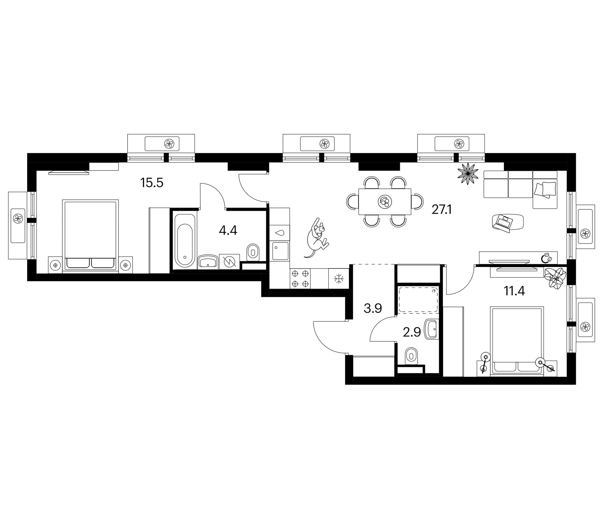 2-комн., 65.2 м², 17/25 этаж, ЖК «Белая Дача парк»