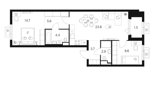 2-комн., 64.7 м², 2/12 этаж, ЖК «Белая Дача парк»