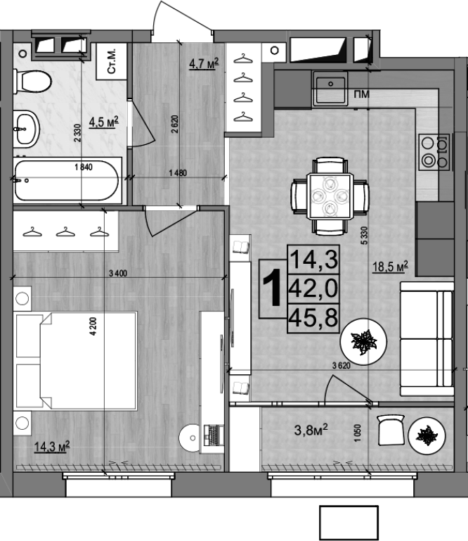 2-комн., 42 м², 14/18 этаж, ЖК «Гранд Комфорт»