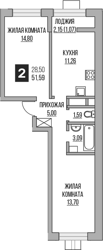 2-комн., 49.44 м², 15/16 этаж, ЖК «Гранель Пехра»