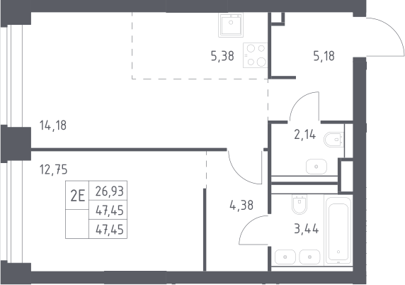 2-комн., 47.45 м², 2/40 этаж, ЖК «НОВА»