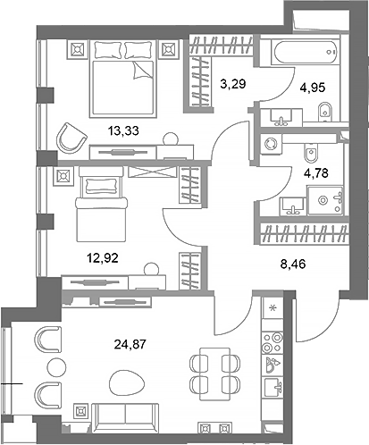 2-комн., 72.6 м², 13/75 этаж, ЖК «ФАЙВ ТАУЭРС»