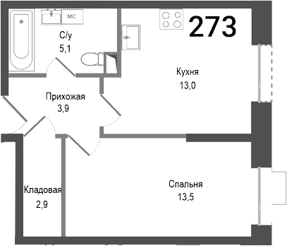 1-комн., 38.4 м², 2/4 этаж, ЖК «Киноквартал»