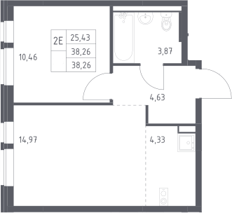 2-комн., 38.26 м², 7/12 этаж, ЖК «Квартал Авиаторов»