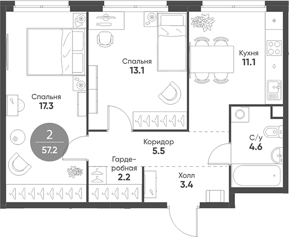2-комн., 57.2 м², 2/5 этаж, ЖК «Шагал»