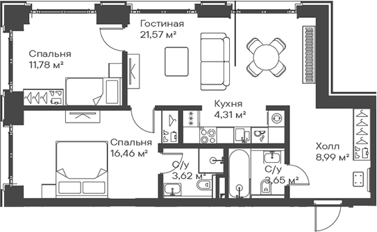 3-комн., 70.38 м², 6/15 этаж, ЖК «Сити Бэй»